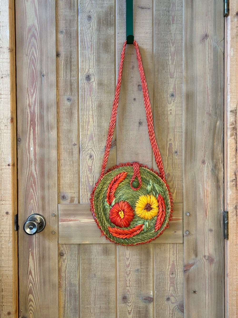 Vintage Handwoven Straw Floral Round Purse Boho Crossbody Folk Bag